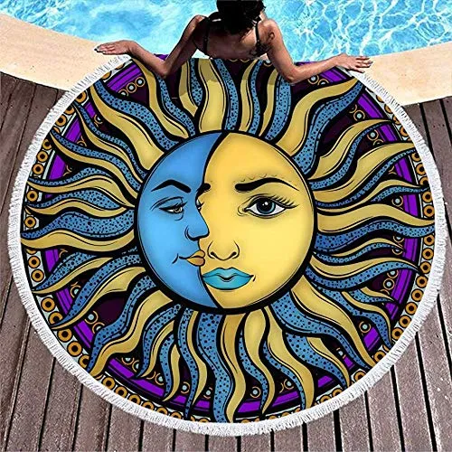 Olie Cam Frattale Sole e Luna Totem Celeste Astrologia Asciugamano da Spiaggia Tondo con Nappe