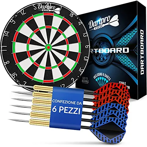 DartPro Bersaglio freccette - Bersaglio in sisal autorigenerante - Bersaglio con fili extra sottili - Bersaglio con 6 freccette professionali - Darts