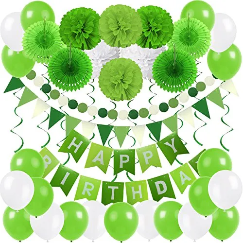 Zerodeco Decorazione Verde della Festa di Compleanno, Bandiera di Buon Compleanno con Carta Fan Tissue Pom Poms turbinio e Palloncino per Le Decorazioni della Festa di Compleanno