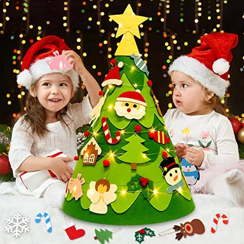 Outgeek Albero di Feltro di Natale, Albero di Feltro di Natale Fai-da-Te 3D per Bambini con 28 Ornamenti 50 Luci a LED per Bambini Regali di Natale Decorazioni Natalizie da Parete per Porte di Casa