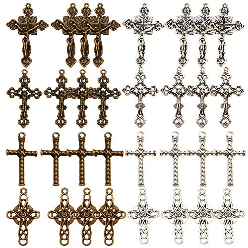 SUNNYCLUE 32 pz 8 Stili Rosario Charms Croce per Artigianato Creazione Gioielli Collana di Perle Sacre, Bronzo Antico E Argento Antico
