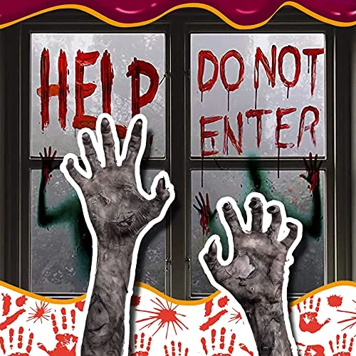 LEBABA - Adesivo per finestra di Halloween, motivo: mani sanguinose, con scritta in lingua inglese "Ghostly Handprint" (lingua italiana non garantita)