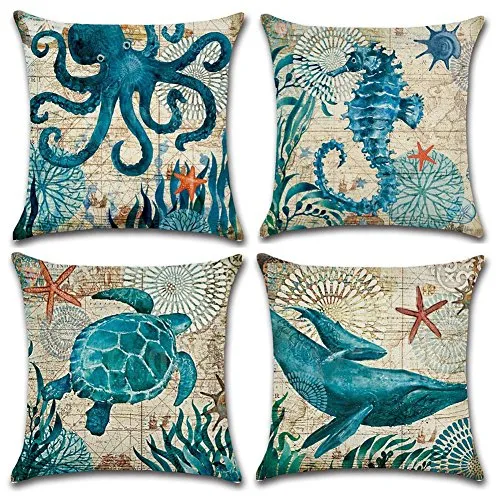 Gspirit federe Acquario 4 Pack Cuscini per divani Decorativo Cotone Biancheria copricuscini Divano Caso Federa per Cuscino 45x45 cm (3)