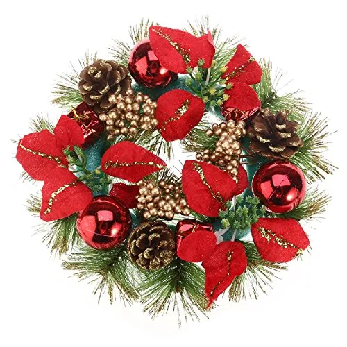 YeahiBaby - Ghirlanda Natalizia per Porta con pigne, Fiori e Stelle di Natale, 30 cm, Colore: Rosso