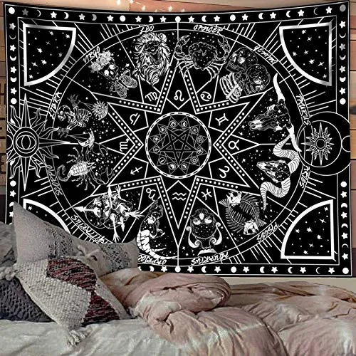 12 Constellation Tapestry Stars Sun Tarot Arazzo in bianco e nero Hippie Celestial Bohemian Home Decoration