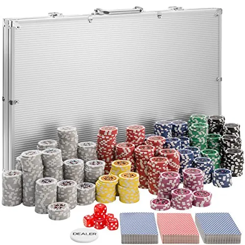 TecTake 402561 Set da Poker con Fiches Laser Chips e Valigetta da Alluminio, 1.000 Pezzi, incl. 5 Dadi + 3 Mazzi di Carte + 1 Bottone del Mazziere, Argento