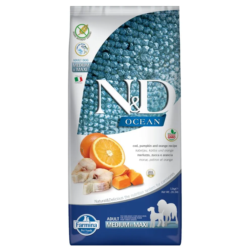 Farmina N&D Ocean Grain Free Adult Medium/Maxi Merluzzo, Zucca e Arancia - 12 kg