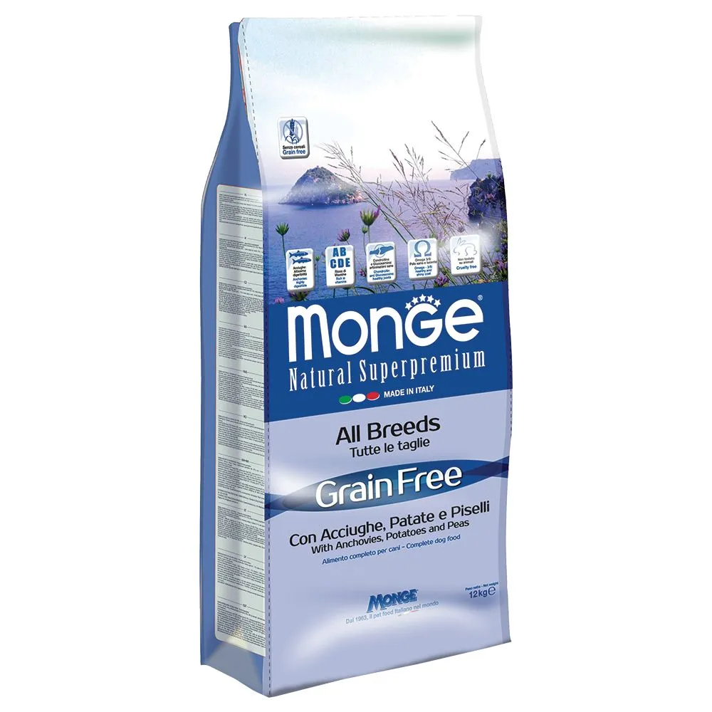 Monge Superpremium Grain Free All Breeds con Acciughe, Patate e Piselli - 12 kg