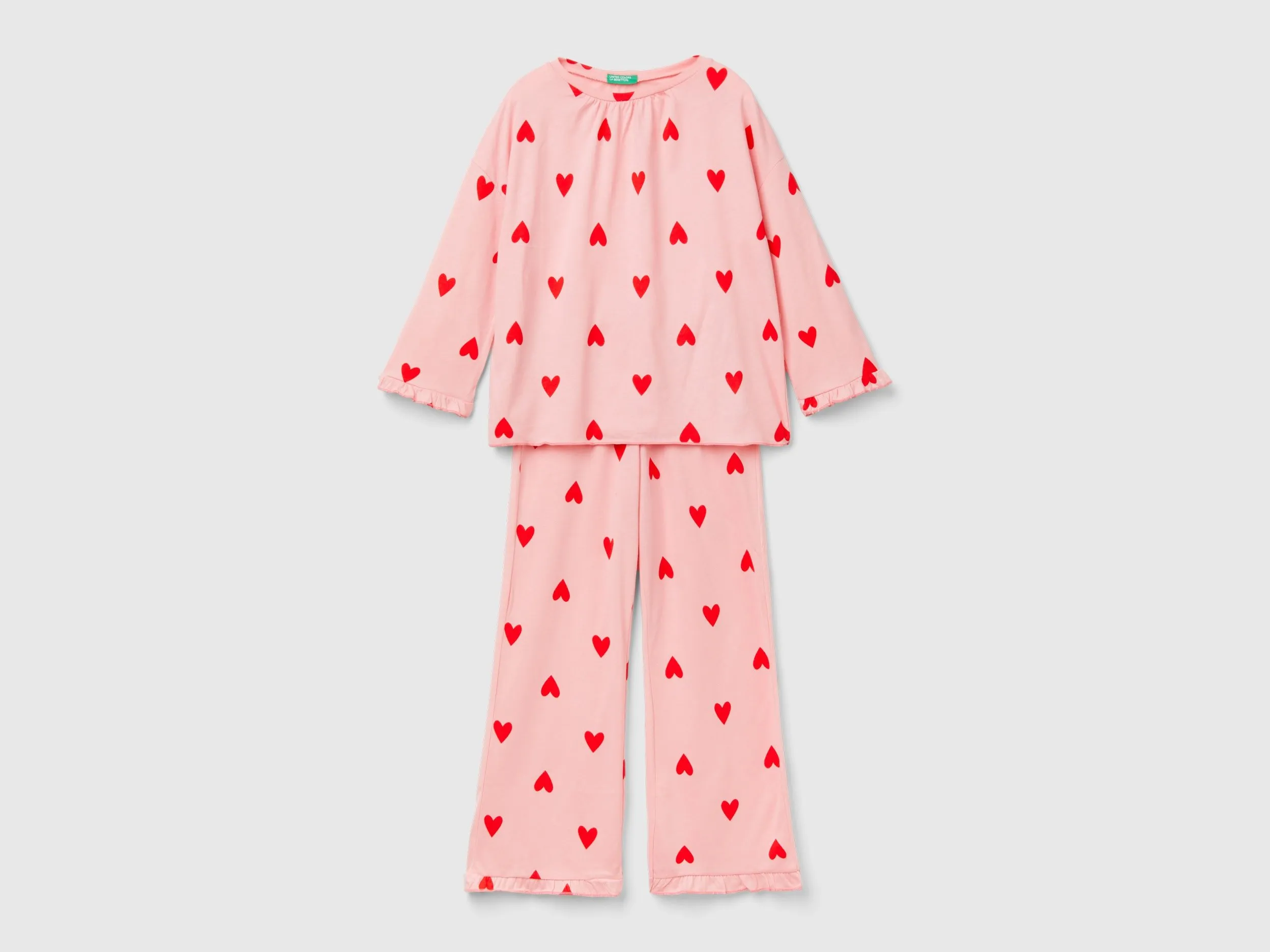 Benetton, Pigiama Lungo Con Stampa Cuori, Rosa, Bambini