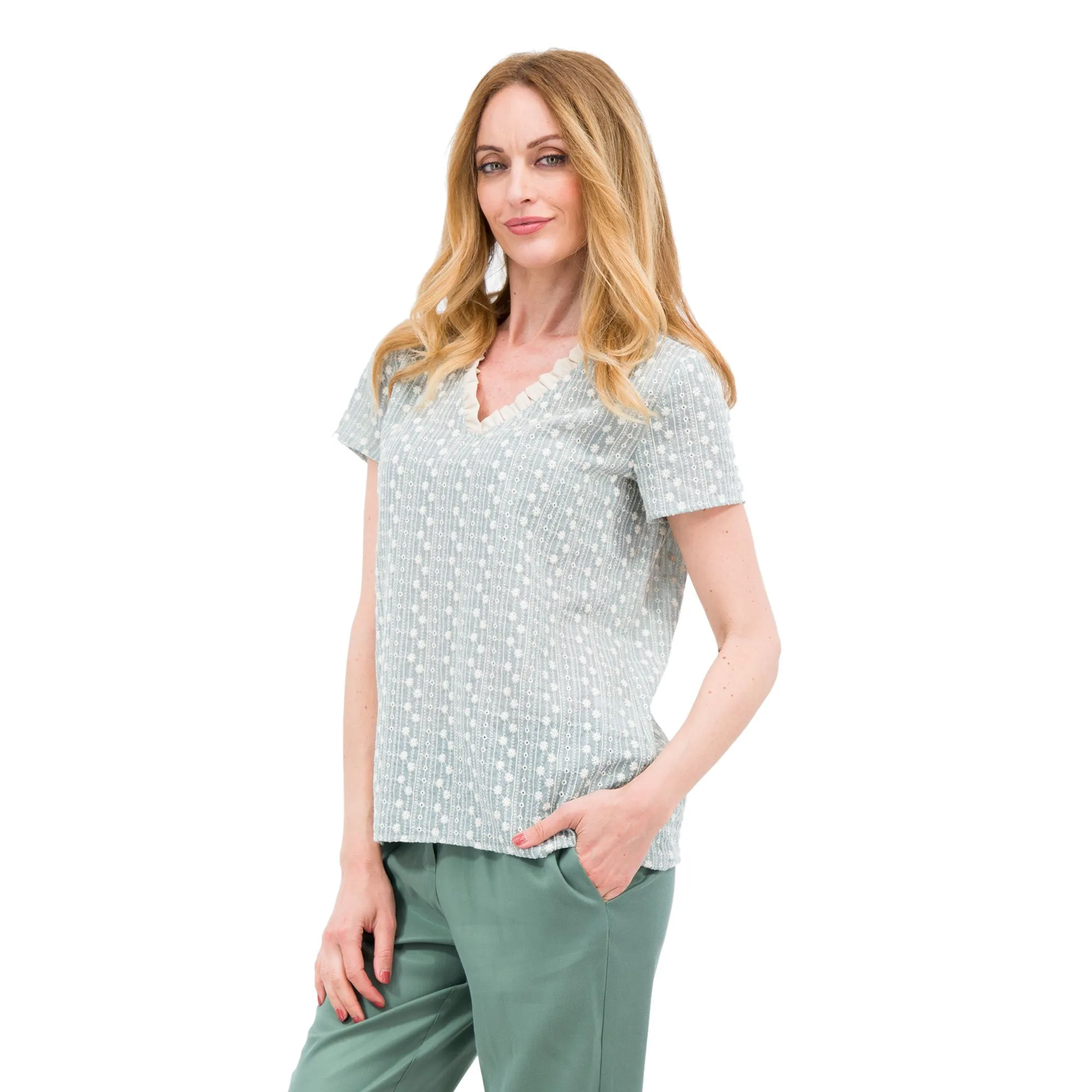 Blusa ricamata scollo a V con rouches