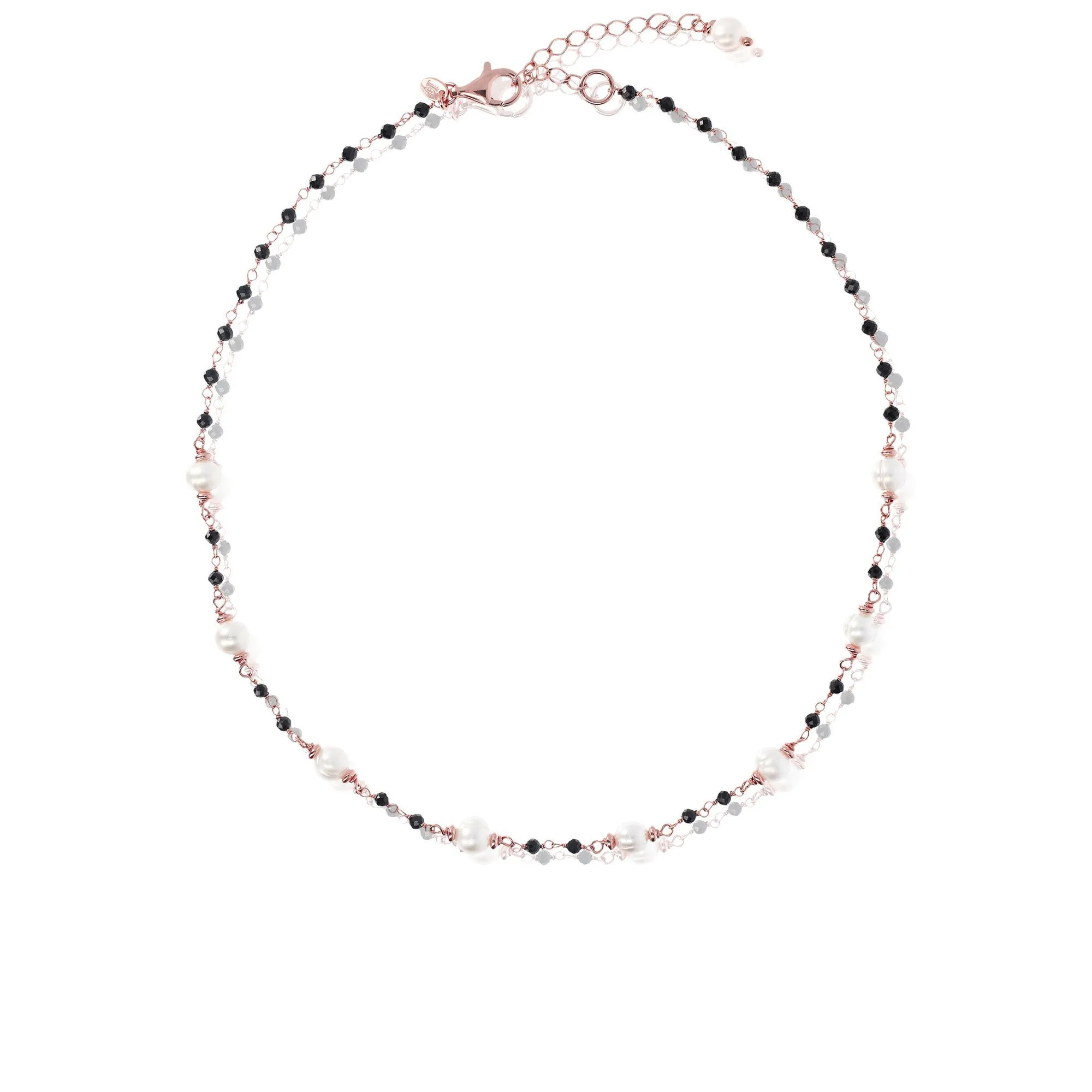 Collana maglia rosario con perle e spinelli neri