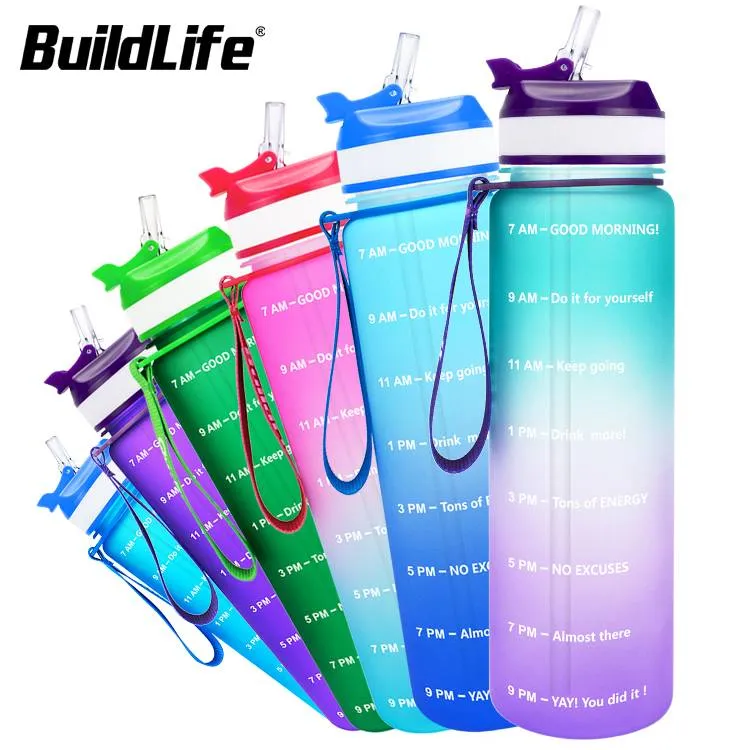 BuildLife Bottiglia d'acqua 1L 32oz Palestra portatile a prova di perdite Bollitore per il fitness Tritan con bottiglie di paglia per biciclette Bicc