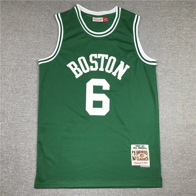 Maglia sportiva da basket in jersey ricamato verde retrò Celtics n. 6