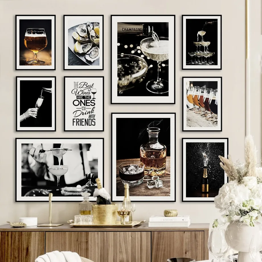 Whisky Champagne Cocktail Ostriche Wall Art Canvas Painting Nordic Poster e stampe Black White Wall Pictures For Bar Decor