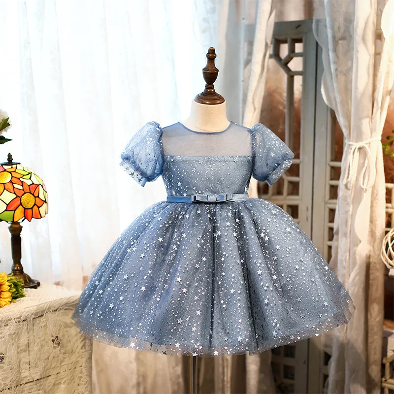 Vestito da bambino di un anno costume da bambino blu manica a sbuffo abito da principessa da sposa stella nella manica corta bambino grande