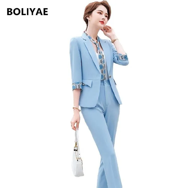 Boliyae Summer New Fashion Temperament Slim Suit Women Business Formal Mezza manica Blazer e pantaloni Office Ladies Work Wear