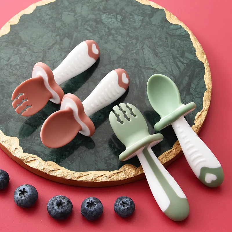 2 pezzi/set di integratore alimentare per bambini cucchiaio morbido allenamento cucchiaio e forchetta dalla testa morbida set cucchiaio e forchetta p