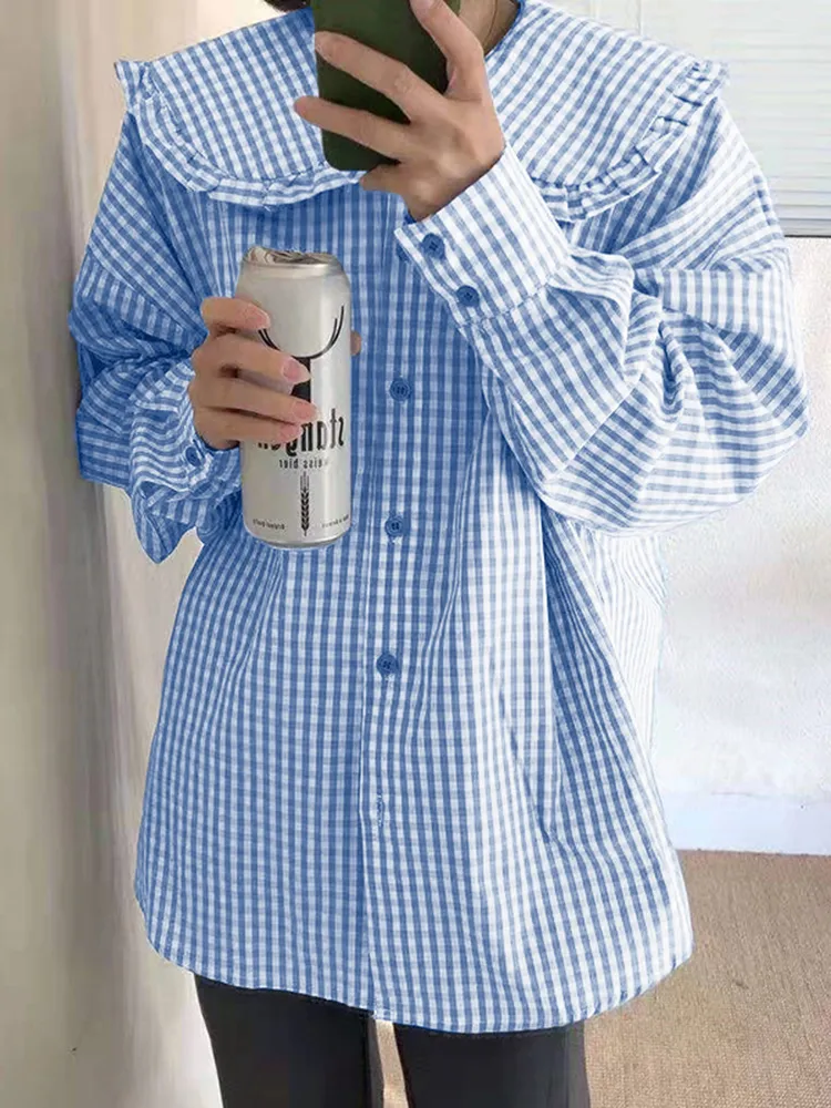 ZANZEA signore giapponese e coreano temperamento plaid semplice e versatile camicia moda tendenza colletto bambola orecchie sciolte camicia a maniche