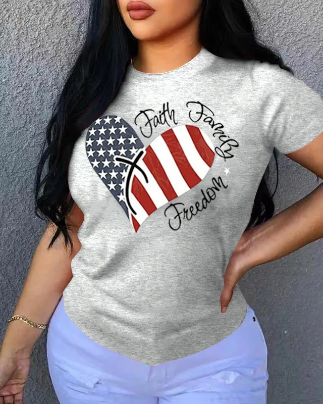 2020 Amazon Wish stampa grafica bandiera americana cuore girocollo manica corta T-shirt da donna Z67