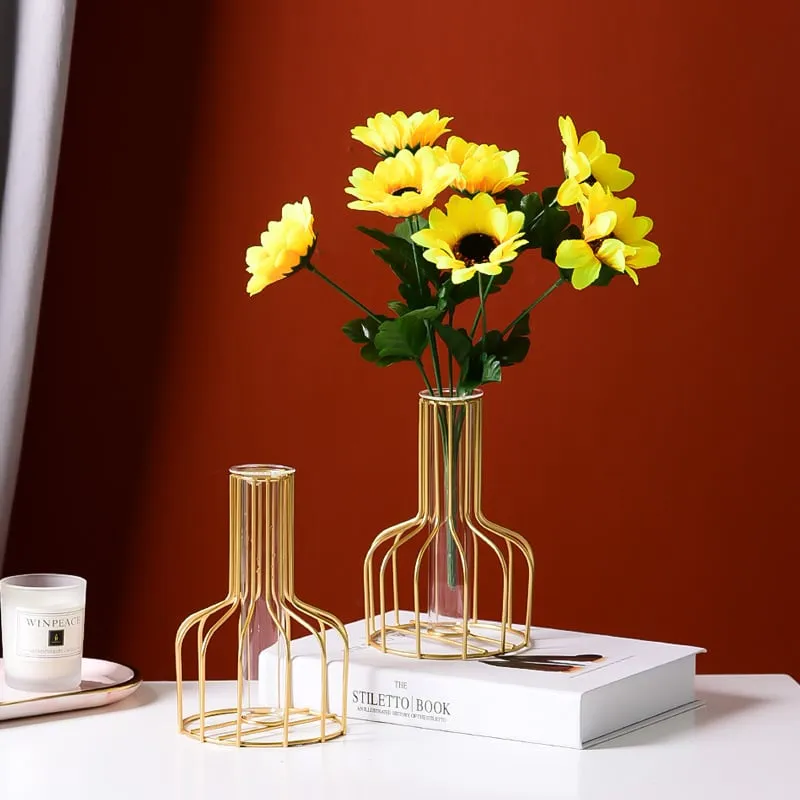 Decorazione in vaso di vetro idroponico dorato in ferro battuto, decorazione del tavolo da pranzo del soggiorno, composizione di fiori secchi