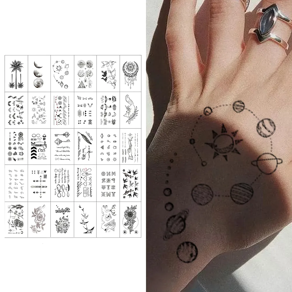 30 set di adesivi per tatuaggi combinati adesivi temporanei per tatuaggi temporanei con simulazione di linee di fiori neri