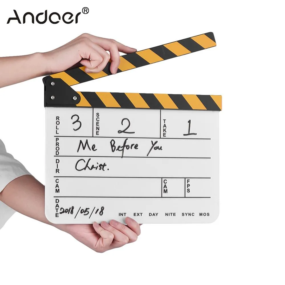 Regista Video Acrilico Clapboard Clap Board Cancellare a secco TV Film Movie Clapper Board Ardesia con bastone giallo nero bianco 30 * 19 cm