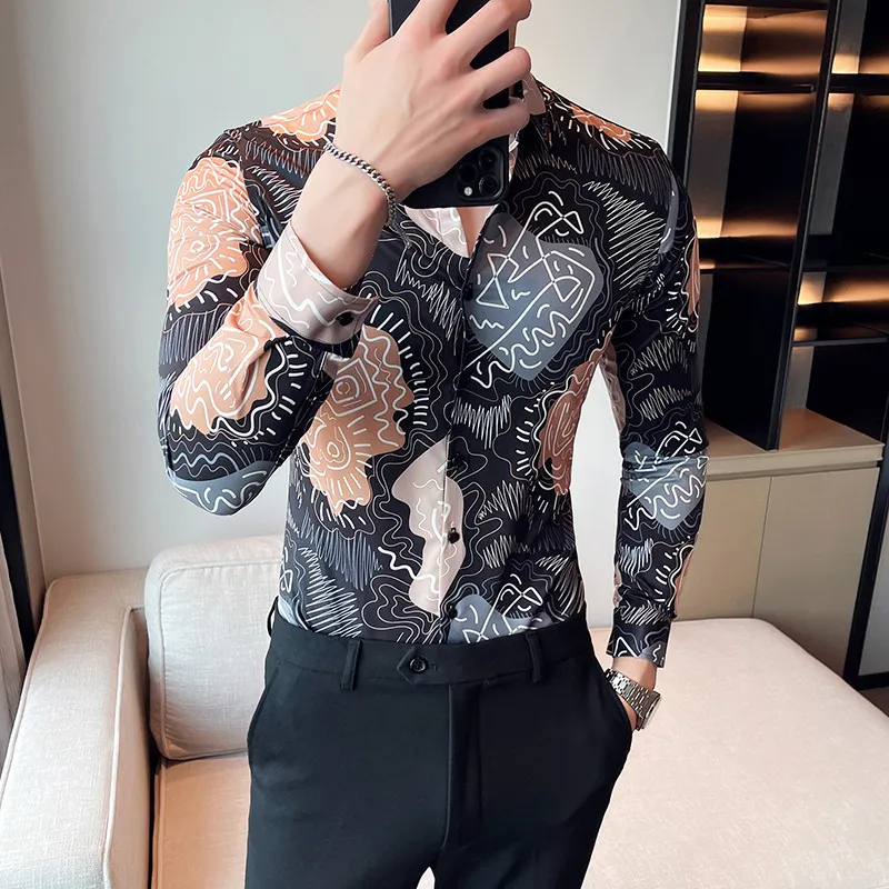 VERSACE Camicia a maniche lunghe da uomo coreano slim casual con stampa serpente di bellezza da uomo in stile nightclub