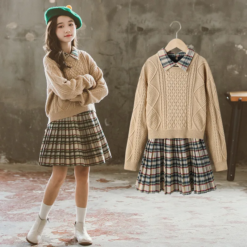 Set di maglioni autunnali per ragazze 2021 Set di due pezzi per ragazze di nuovo vestito scozzese coreano