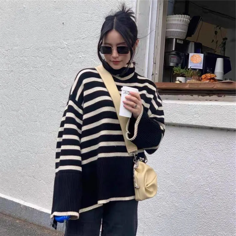 Maglione dolcevita coreano a righe donna morbido maglione delicato ceroso nuovo maglione pullover casual sciolto