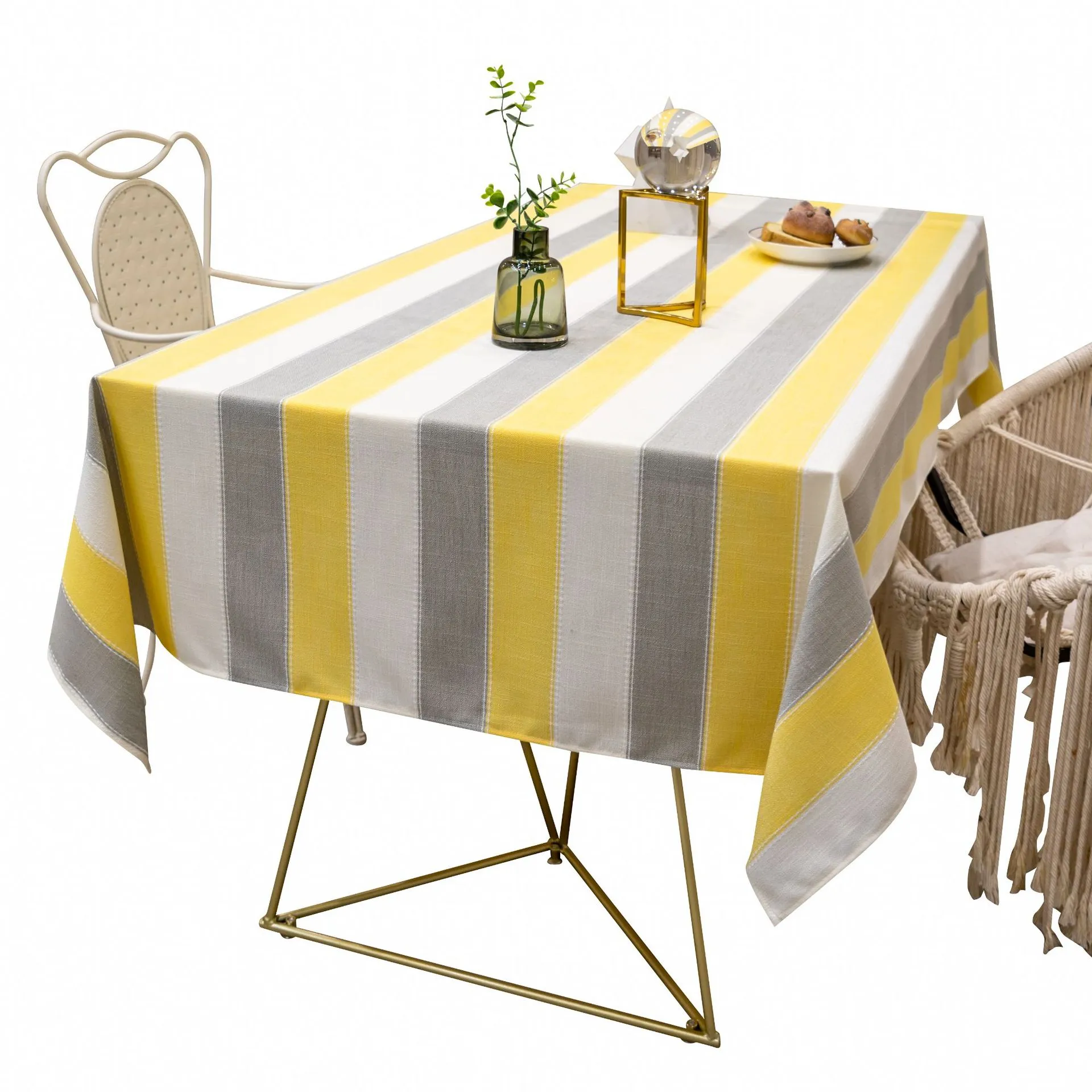 Nuovo stile vendita calda transfrontaliera tovaglia rettangolare strisce gialle cuscino tavolino tovaglia arte cotone e lino piccolo hotel fresco tov