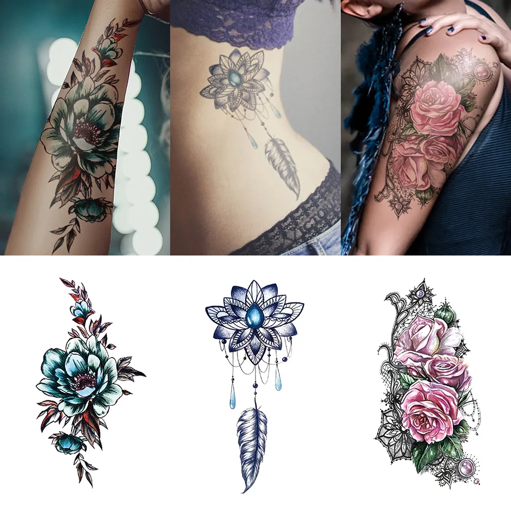 3 set di adesivi per tatuaggi combinati con braccio di fiori di grandi dimensioni bellissimi adesivi per tatuaggi temporanei per il corpo con simulaz
