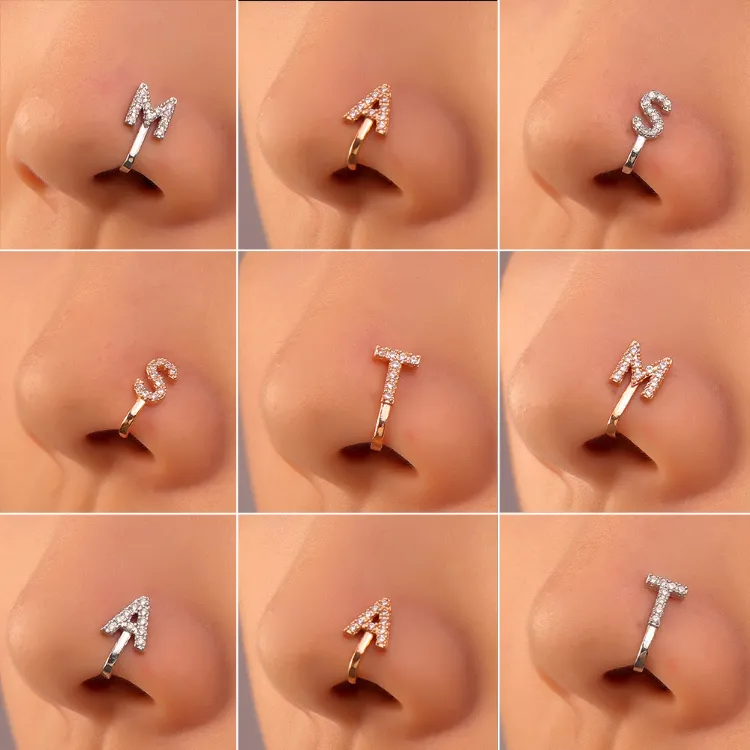 Nuovo naso perforato libero inchiodato lettere scintillanti intarsiate in rame transfrontaliero europeo e americano u Punzone per anello nasale con c