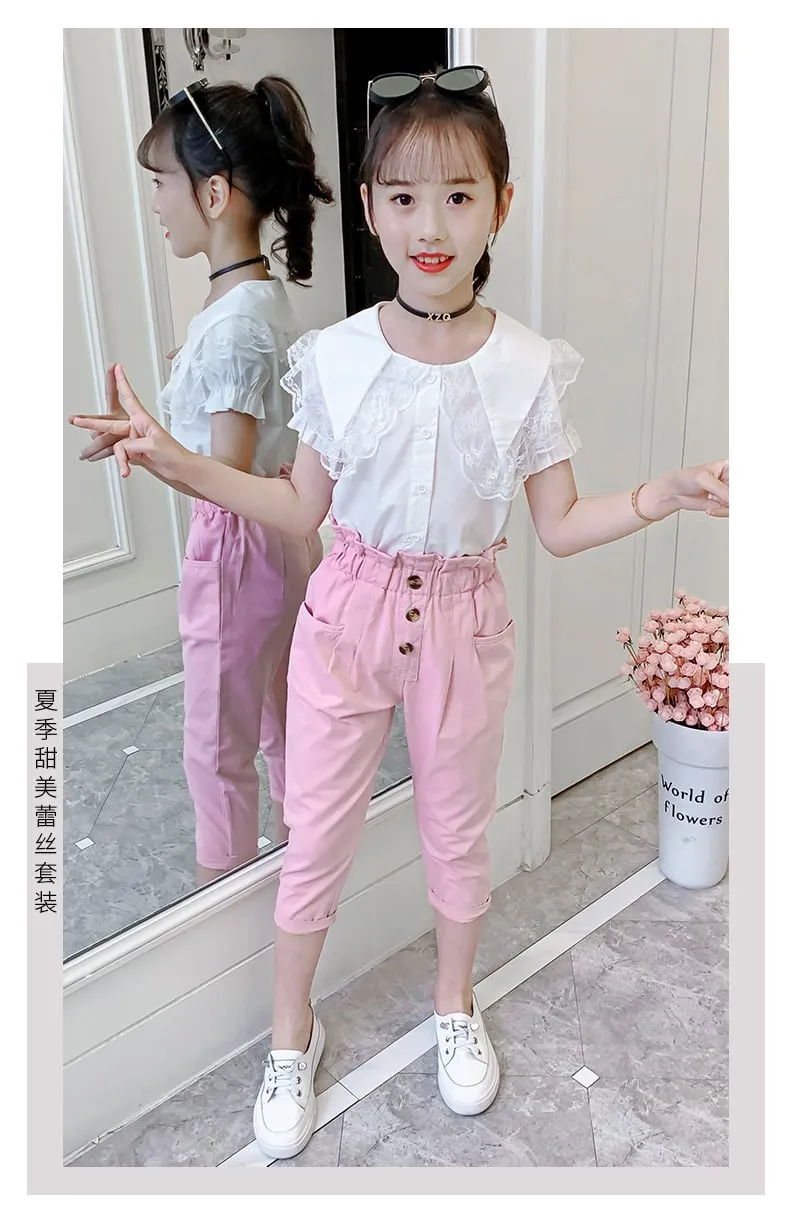 Estate nuovo stile a maniche corte in pizzo collo bambola camicia bocciolo di fiore pantaloni tagliati in cotone per bambini vestito a due pezzi