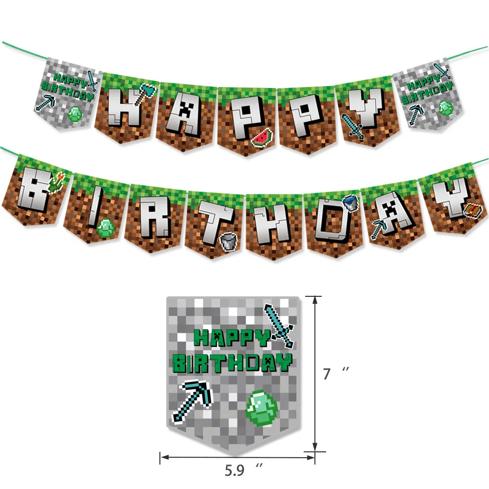 Plug-in per torta con bandiera di compleanno del mio mondo Set di palloncini con decorazioni per feste di gioco di pixel