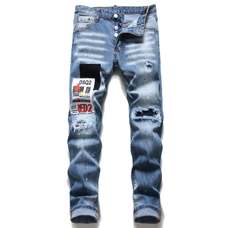 2021DSQ2 post tessuto contrasto foglia d'acero jeans maschio vernice blu chiaro personalità jeans hip-hop