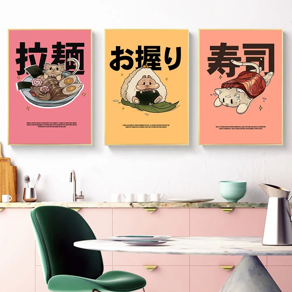 Giapponese Ramen Sushi Cartone Animato Animale Su Tela Pittura Cucina Decorazione Immagine Della Parete Onigiri Cibo Poster e Stampe per Bambini
