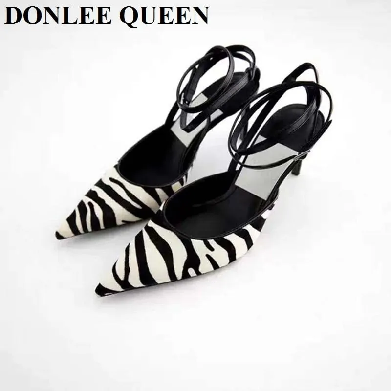 Zebra Pattern Back Strap Sandali a punta Donna Tacchi alti sottili 7cm Décolleté Leopard Party Dress Shoes Slingback Sandalias Mujer