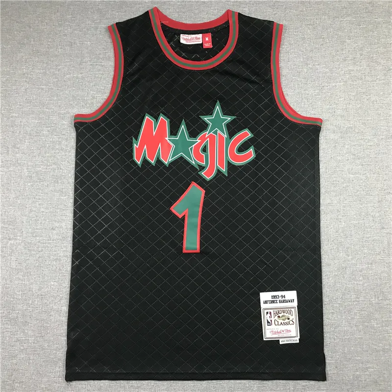Maglia da basket vintage Orlando Magic Hardaway n. 1 1993-94 nera reticolata