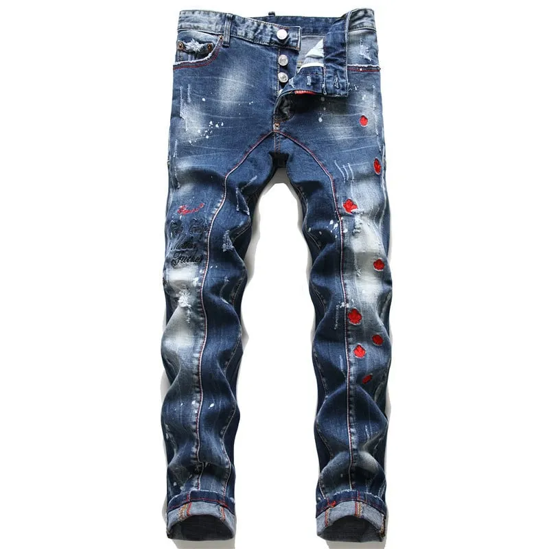 CreativitÃ  europea e americana jeans a foglia d'acero rosso ricamo cuciture denim pantaloni