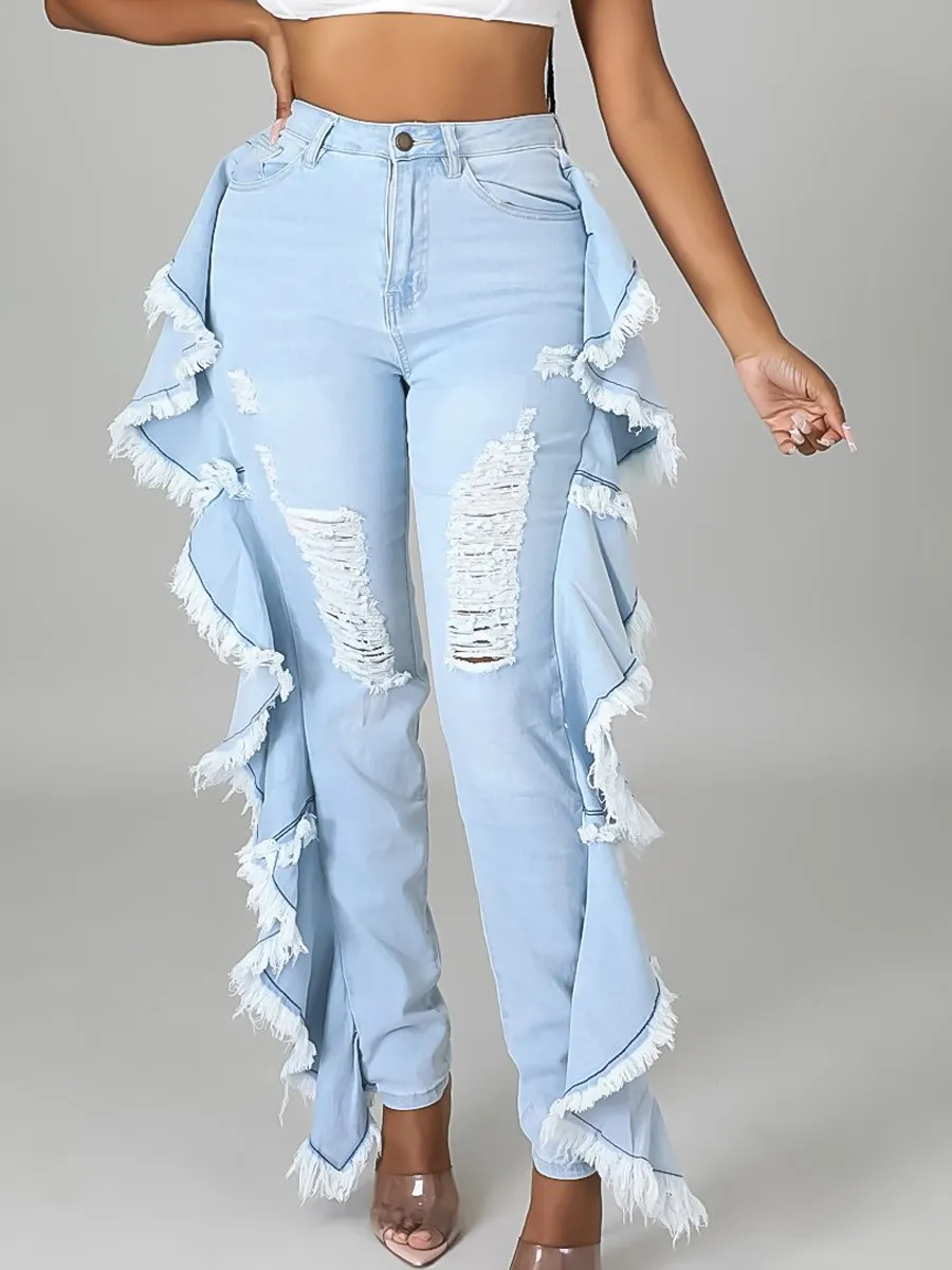 Abbigliamento da donna di vendita caldo arruffato frangia lavato acqua strappato fori slim fit sexy jeans stretch