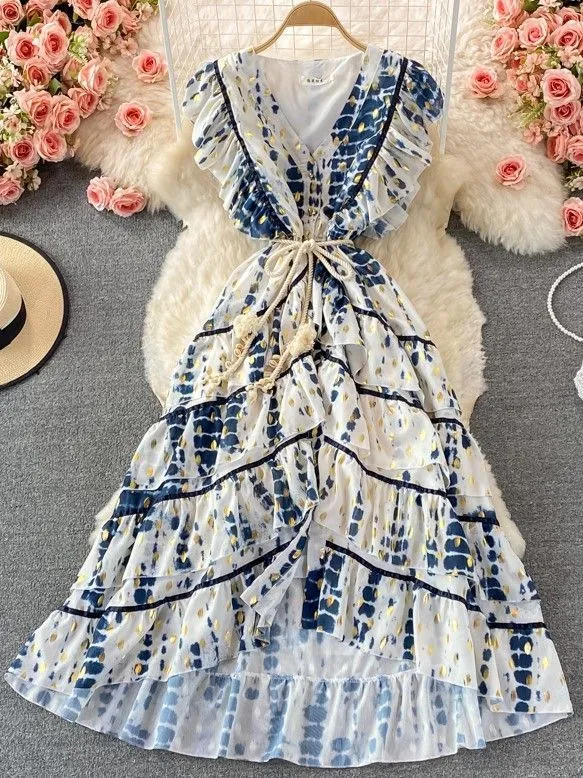 Il nuovo vestito dall'altalena elegante del pannello esterno della torta della vita del tie-dye dell'industria pesante del temperamento della foglia