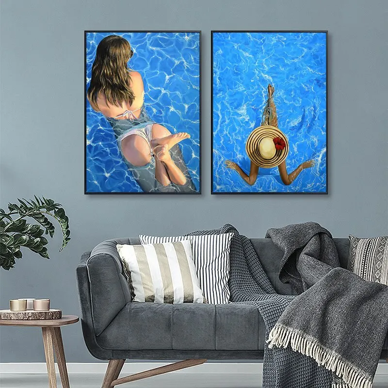 Modern Sexy Bikini Woman Poster e stampa Blue Swimming Pool Fashion Beauty Wall Art Canvas Painting for Living Room Home Decor