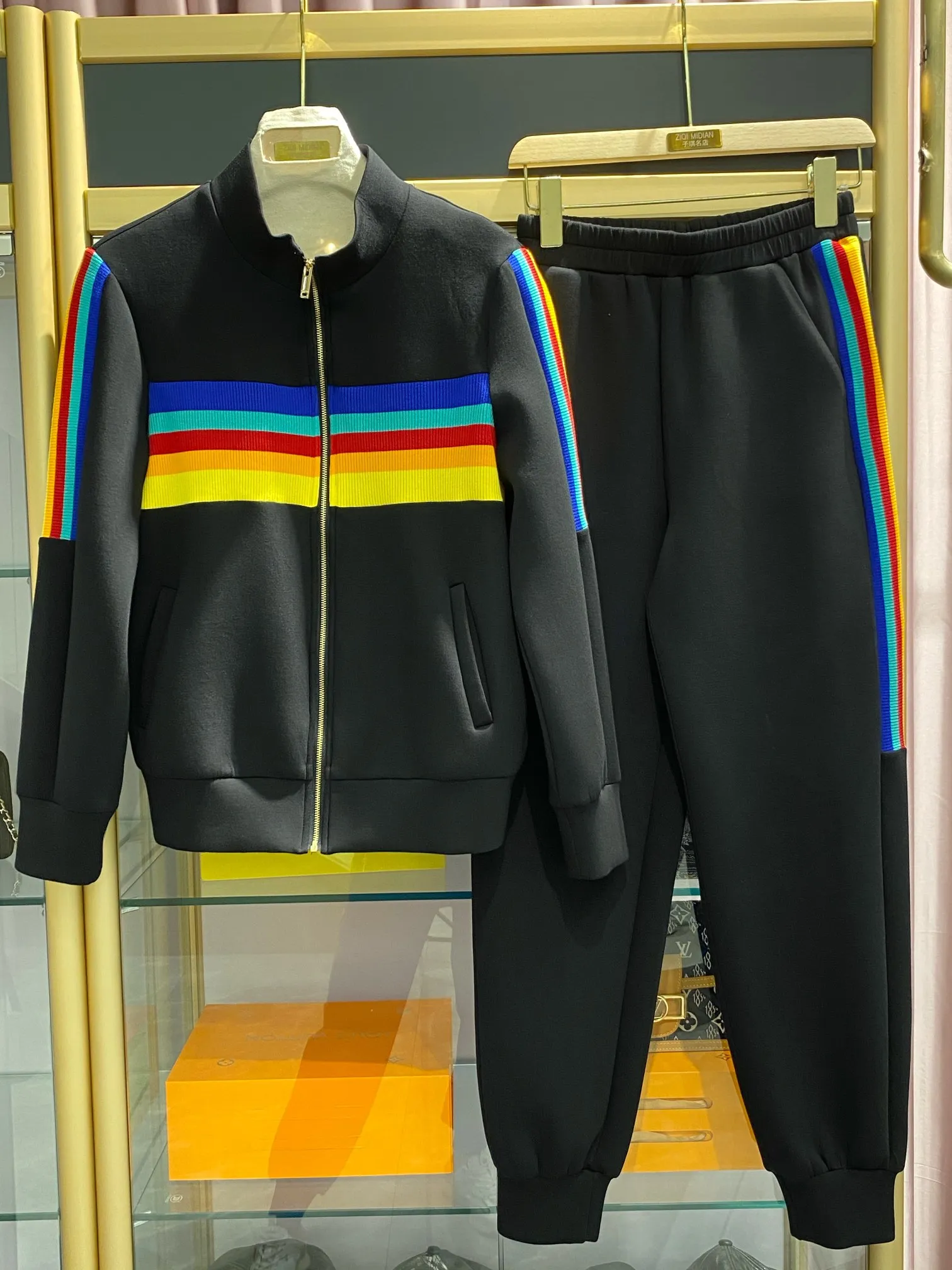 2021 Autunno New Fashion Space Cotton Suit Women Rainbow Ribbon Giacca a contrasto colore Pantaloni elastici in vita
