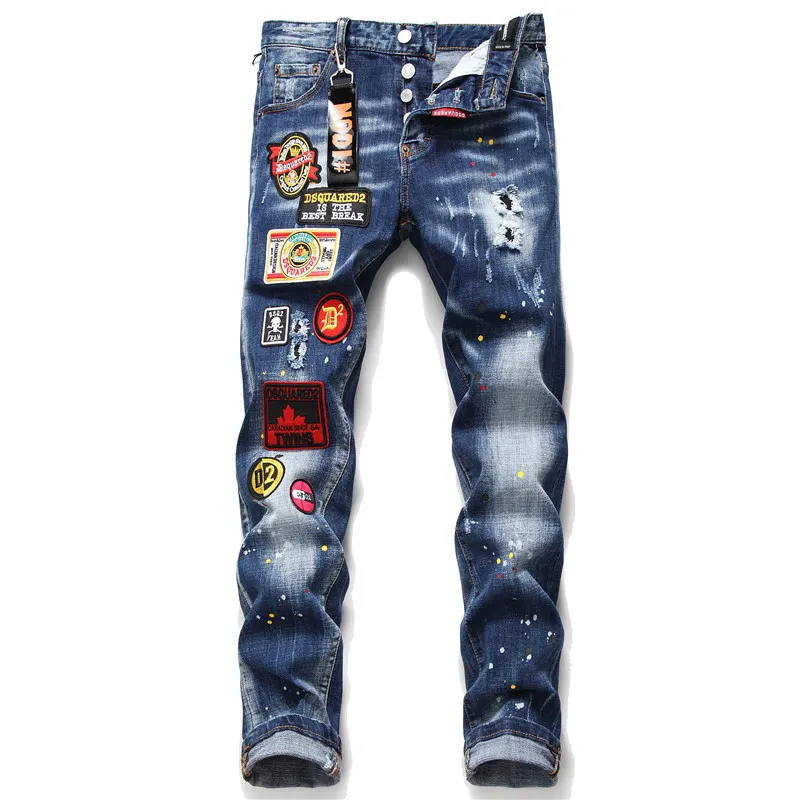Jeans slim elasticizzati con stemma strappato a foglia d'acero DSQ da uomo europei e americani