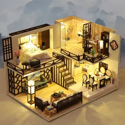 Yaxinju Giocattolo modello di casa delle bambole assemblato a mano Modello creativo di villa in stile cinese