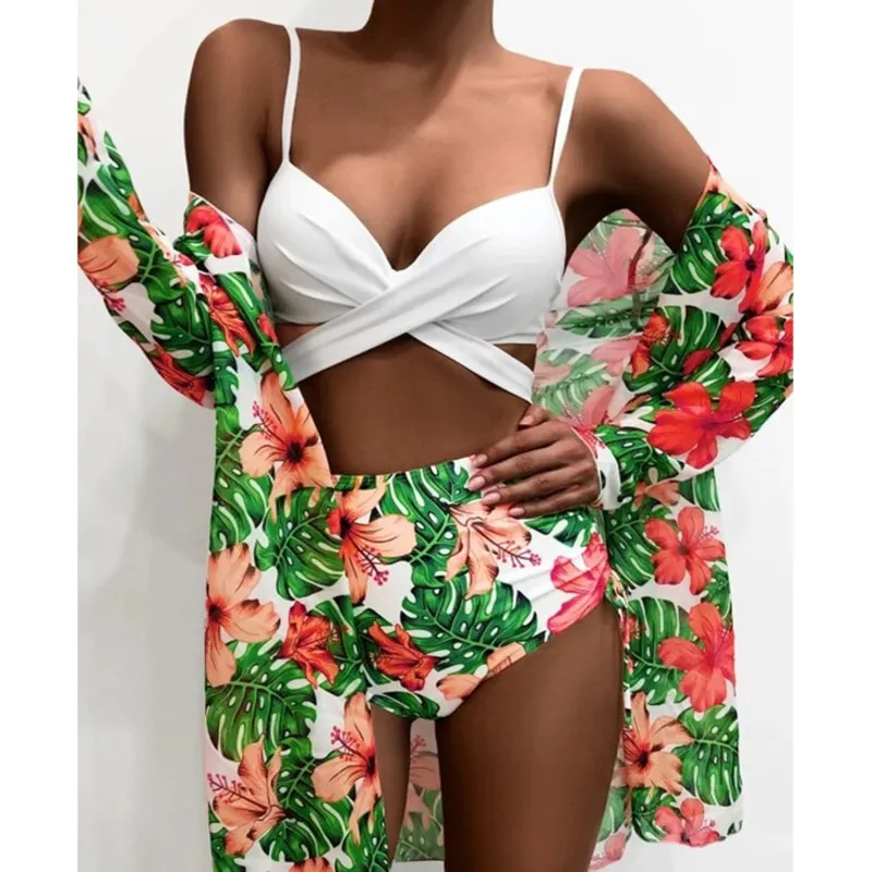 Stampa Florle Grandi Costu Da Bagno 3 PCS Bch Bikini Set Push Up nile Più Il Formato Costu Da Bagno Bagnante Costu Da Bagno e Donne Costume Da Bagno