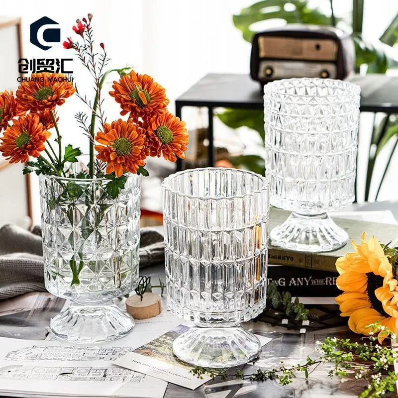 Vaso di vetro goffrato europeo luce lusso trasparente alto piede cristallo imitazione fiore disposizione idroponica tavolo in ornamenti