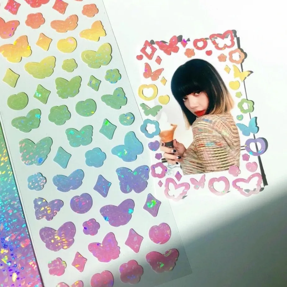 2 pz Corea Instagram gradiente laser farfalla adesivi adesivi fiore scintillanti goo carta materiale decorativo adesivi senza soluzione di continuità