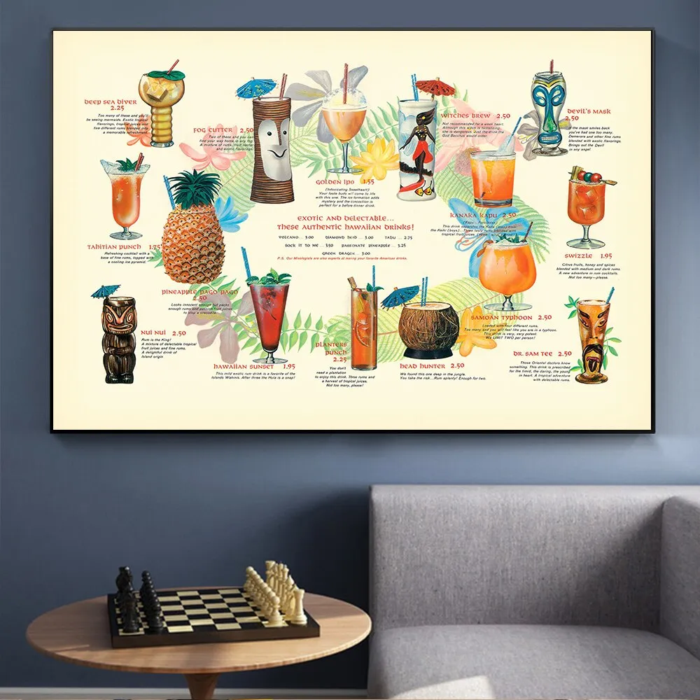 Dipinto su tela Vintage Tiki Cocktails Stampa Poster su tela Retro Tropical Kitchen Art Bar Wall Art Picture for Living Room Home Decor