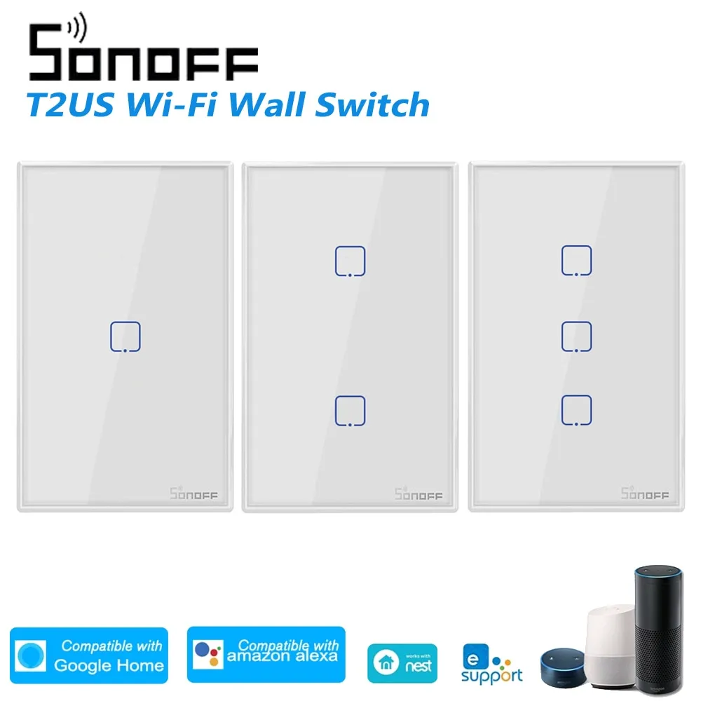 SONOFF T2US TX Smart Wifi Touch Interruttore luce da parete con bordo Smart Home 1/2/3 Gang 433 Controllo RF/Voice/APP Funziona con Alexa